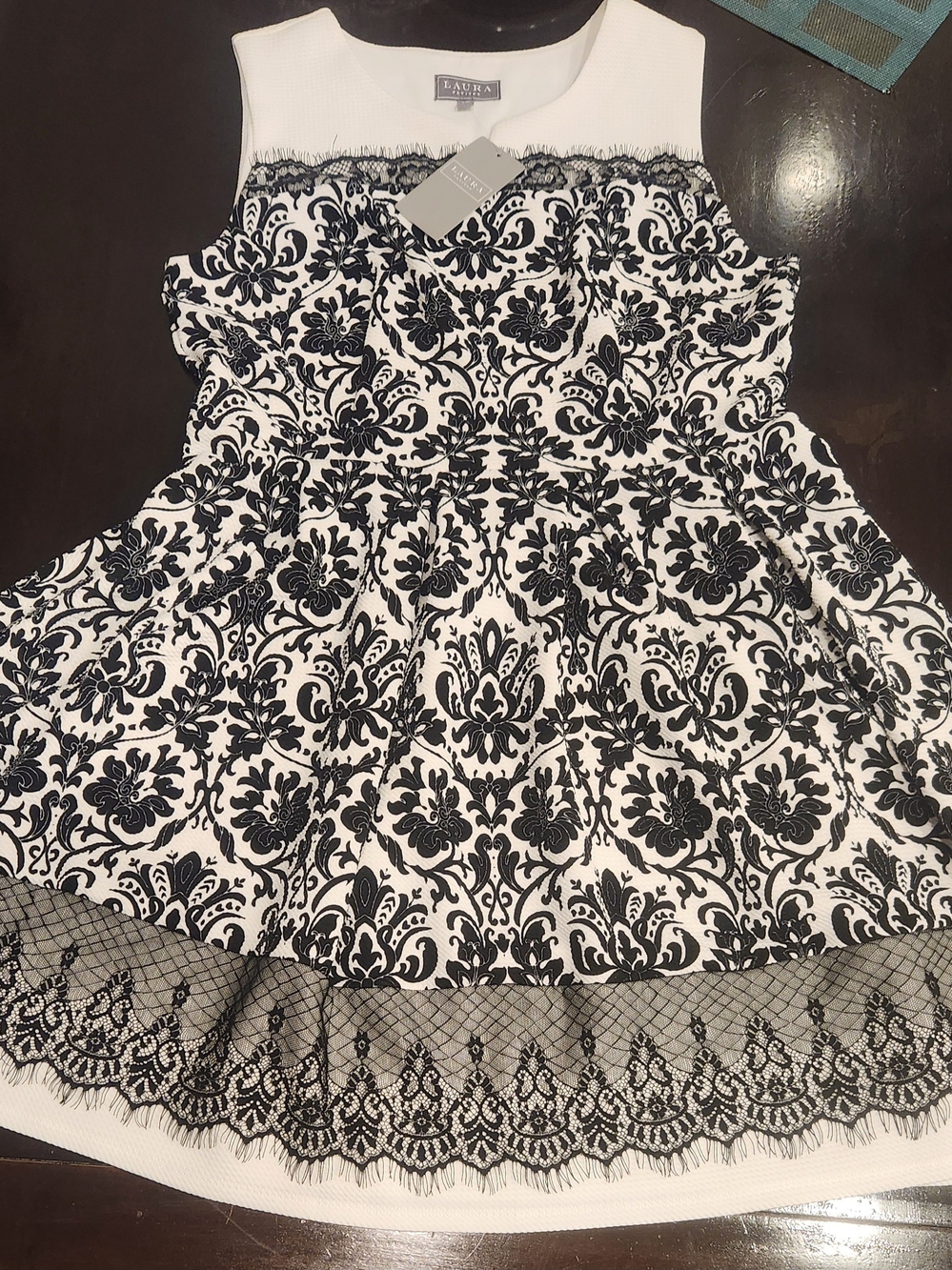 Laura Ashley Petites Black and White Lace-Trim Fit & Flare Dress